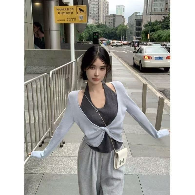 경관 그림 1 1 와 사고 방식 260 그램 페이크 레이어드 배색 패치워크 비틀림 몸매 가꾸기 인사이드 가져 가라. 만나는 오프숄더 맨위 이미지 3