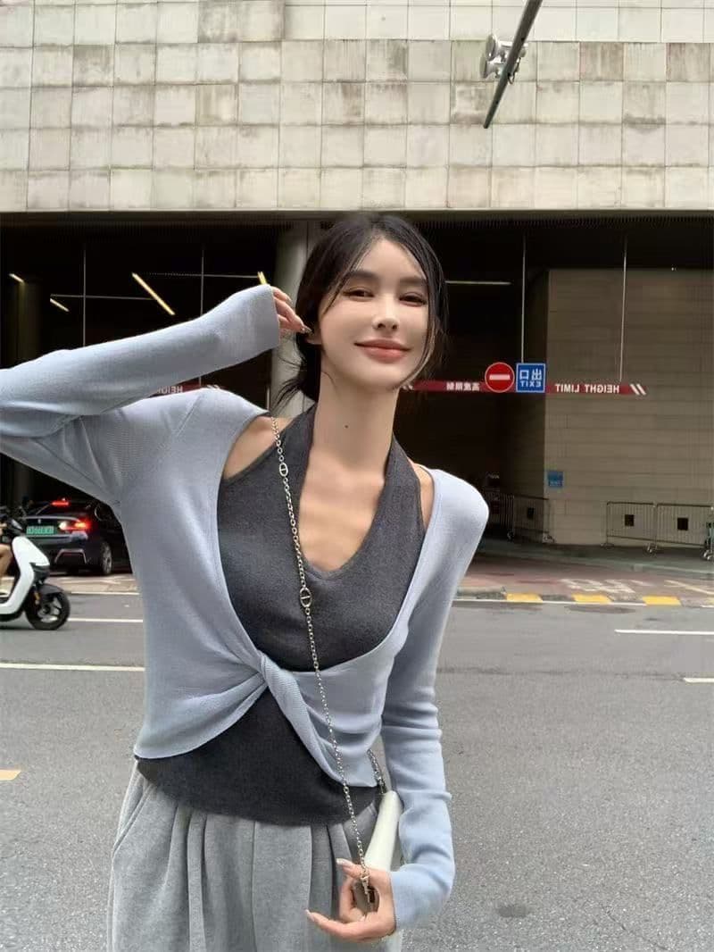 경관 그림 1 1 와 사고 방식 260 그램 페이크 레이어드 배색 패치워크 비틀림 몸매 가꾸기 인사이드 가져 가라. 만나는 오프숄더 맨위 이미지 2