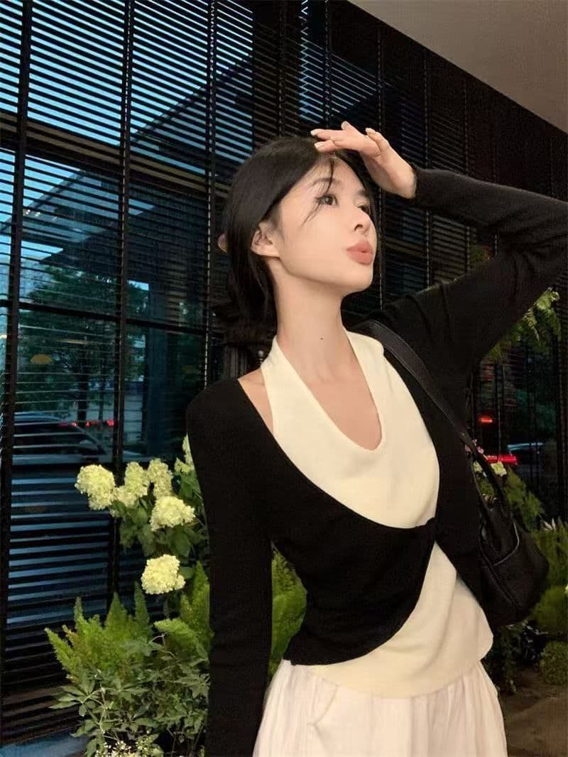 경관 그림 1 1 와 사고 방식 260 그램 페이크 레이어드 배색 패치워크 비틀림 몸매 가꾸기 인사이드 가져 가라. 만나는 오프숄더 맨위 상세 이미지 6