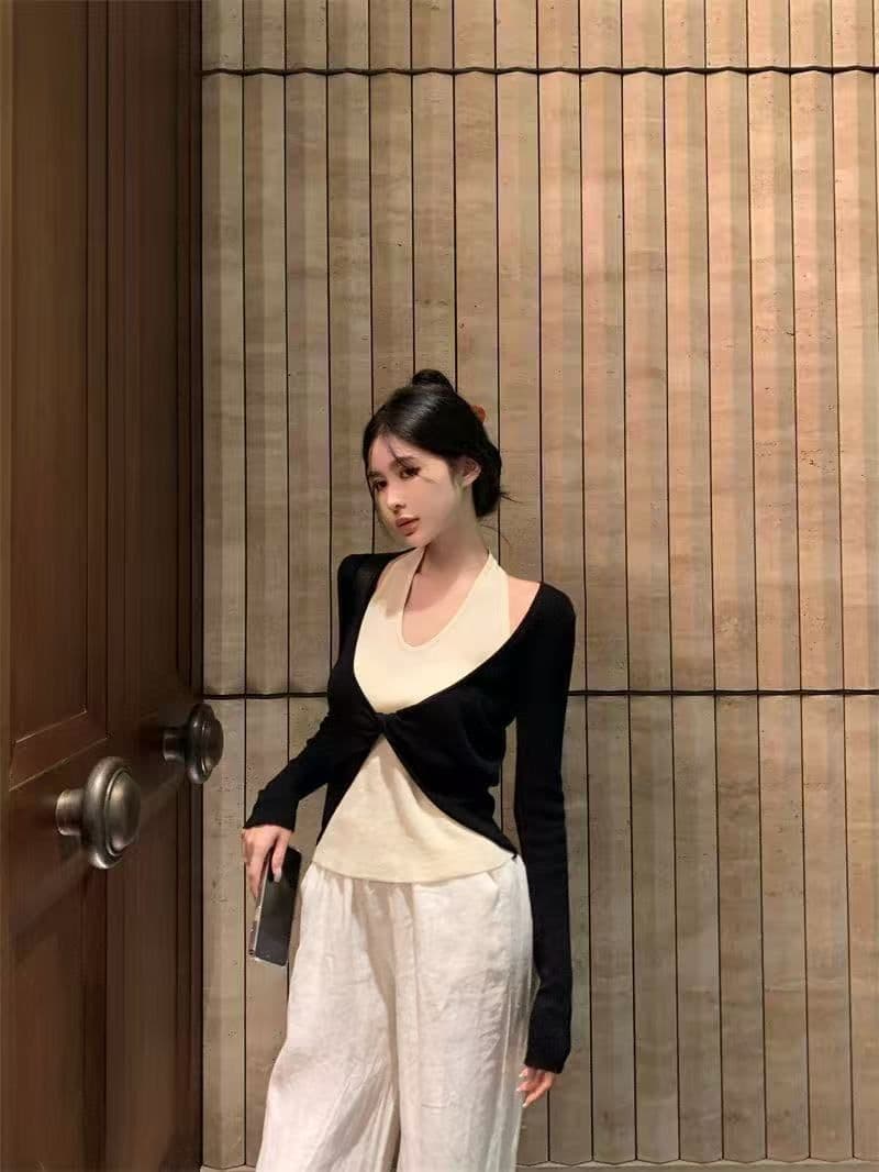 경관 그림 1 1 와 사고 방식 260 그램 페이크 레이어드 배색 패치워크 비틀림 몸매 가꾸기 인사이드 가져 가라. 만나는 오프숄더 맨위 상세 이미지 7