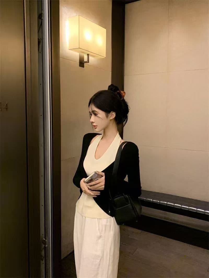 경관 그림 1 1 와 사고 방식 260 그램 페이크 레이어드 배색 패치워크 비틀림 몸매 가꾸기 인사이드 가져 가라. 만나는 오프숄더 맨위 상세 이미지 8