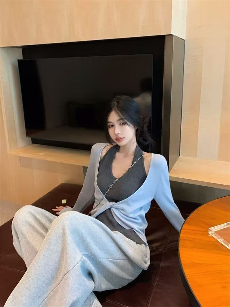 경관 그림 1 1 와 사고 방식 260 그램 페이크 레이어드 배색 패치워크 비틀림 몸매 가꾸기 인사이드 가져 가라. 만나는 오프숄더 맨위 상세 이미지 10
