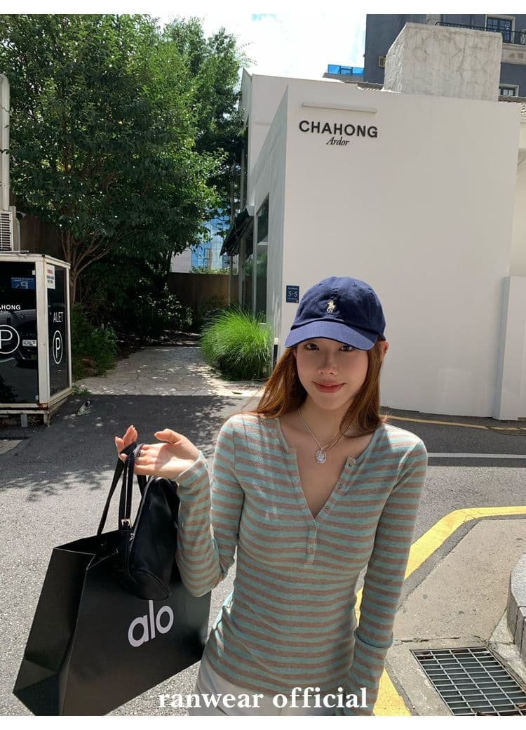 컬러 코튼 컬러 짜임 기사 작은 대중 다용도 헨리 기본 셔츠 배색 스트라이프 몸매 가꾸기 니트 티셔츠 여성 상세 이미지 19