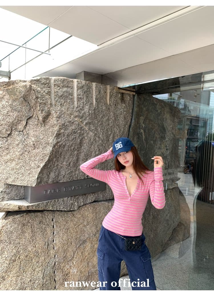 컬러 코튼 컬러 짜임 기사 작은 대중 다용도 헨리 기본 셔츠 배색 스트라이프 몸매 가꾸기 니트 티셔츠 여성 상세 이미지 25