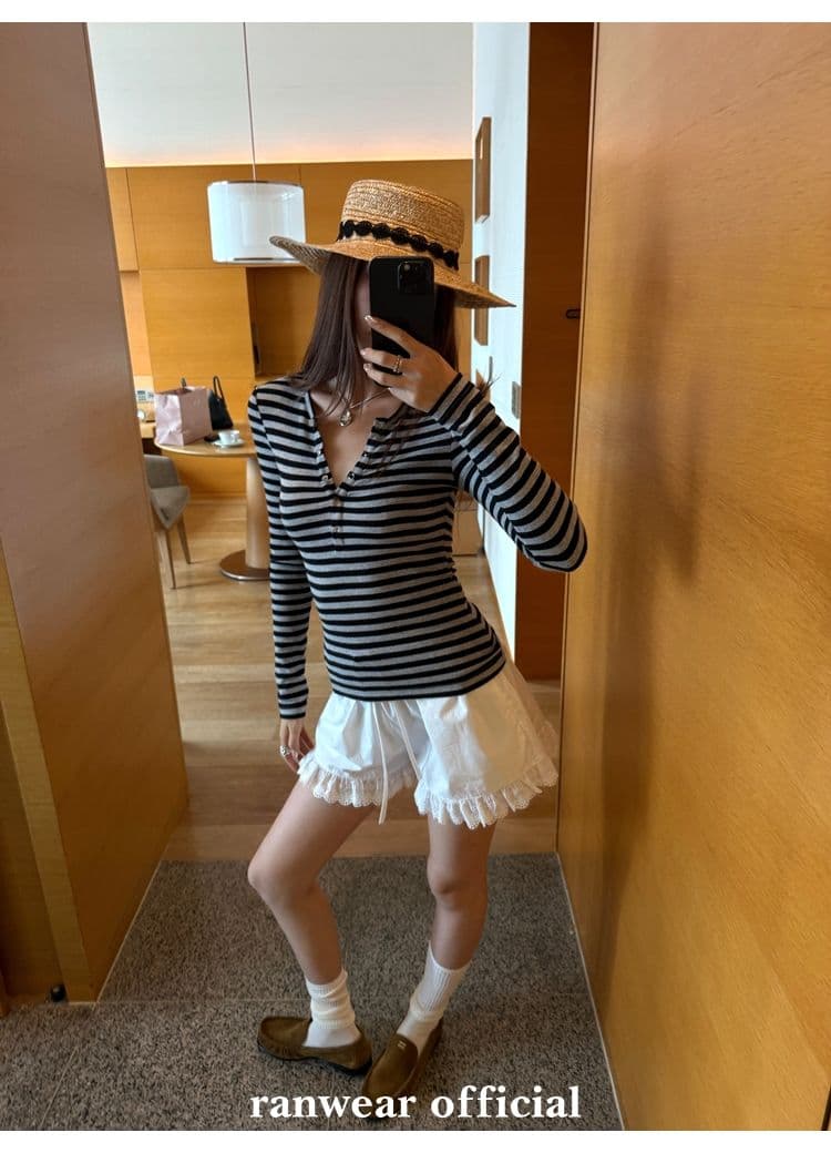 컬러 코튼 컬러 짜임 기사 작은 대중 다용도 헨리 기본 셔츠 배색 스트라이프 몸매 가꾸기 니트 티셔츠 여성 상세 이미지 40