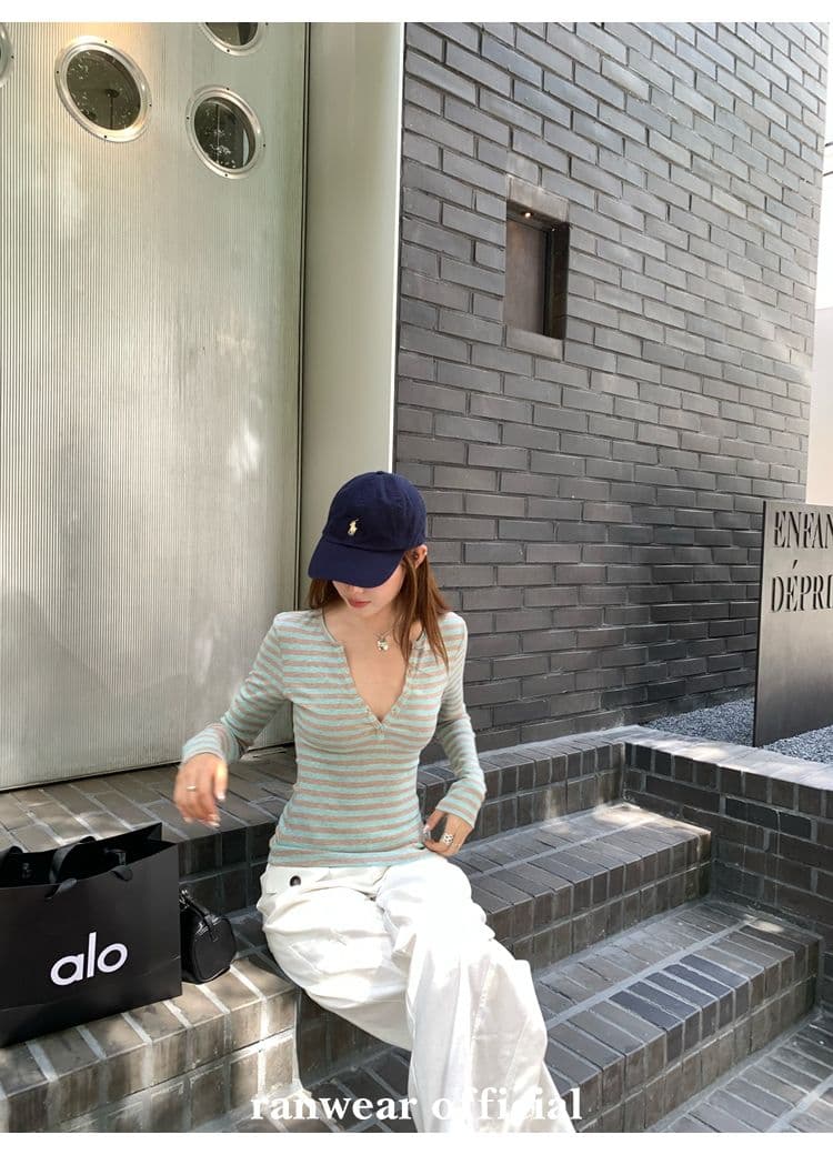 컬러 코튼 컬러 짜임 기사 작은 대중 다용도 헨리 기본 셔츠 배색 스트라이프 몸매 가꾸기 니트 티셔츠 여성 상세 이미지 46