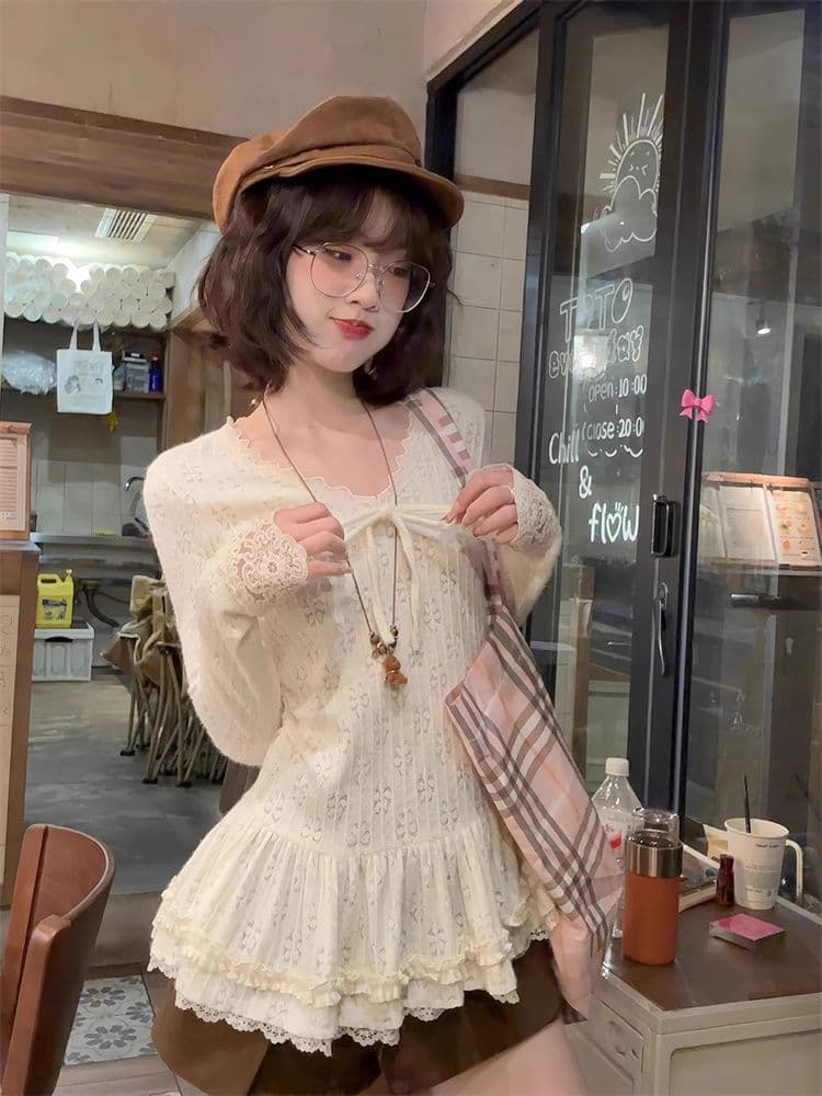 원본 자카드 부드러운 바람 레이스 V넥 치마 긴팔 맨위 여성 가을 겨울 나비 매듭 chic 인사이드 가져 가라. 기본 셔츠 상세 이미지 2