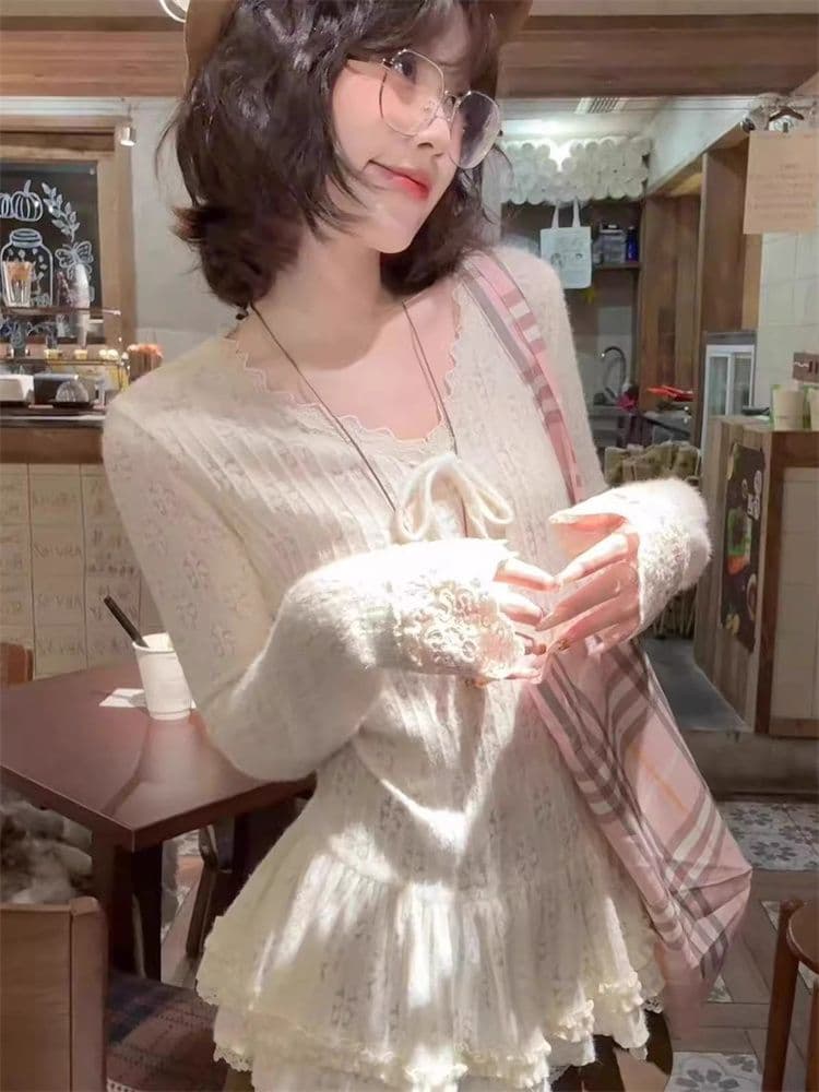 원본 자카드 부드러운 바람 레이스 V넥 치마 긴팔 맨위 여성 가을 겨울 나비 매듭 chic 인사이드 가져 가라. 기본 셔츠 상세 이미지 3