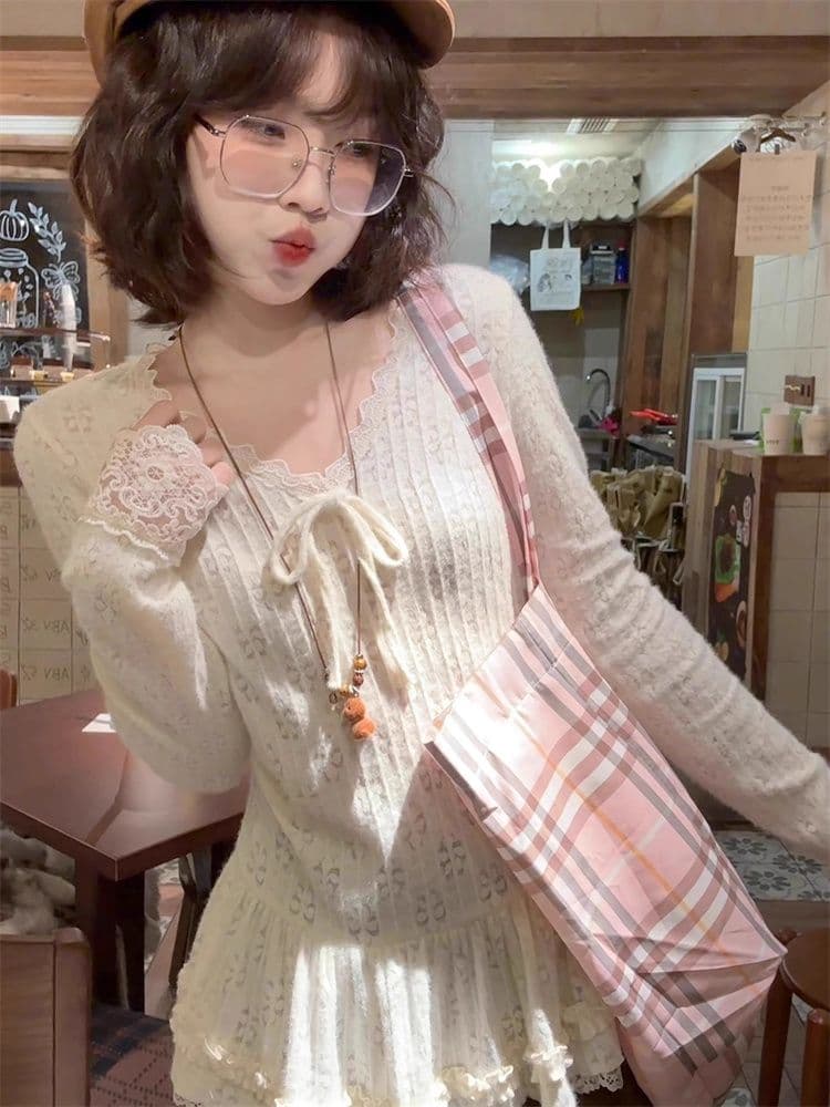 원본 자카드 부드러운 바람 레이스 V넥 치마 긴팔 맨위 여성 가을 겨울 나비 매듭 chic 인사이드 가져 가라. 기본 셔츠 상세 이미지 4