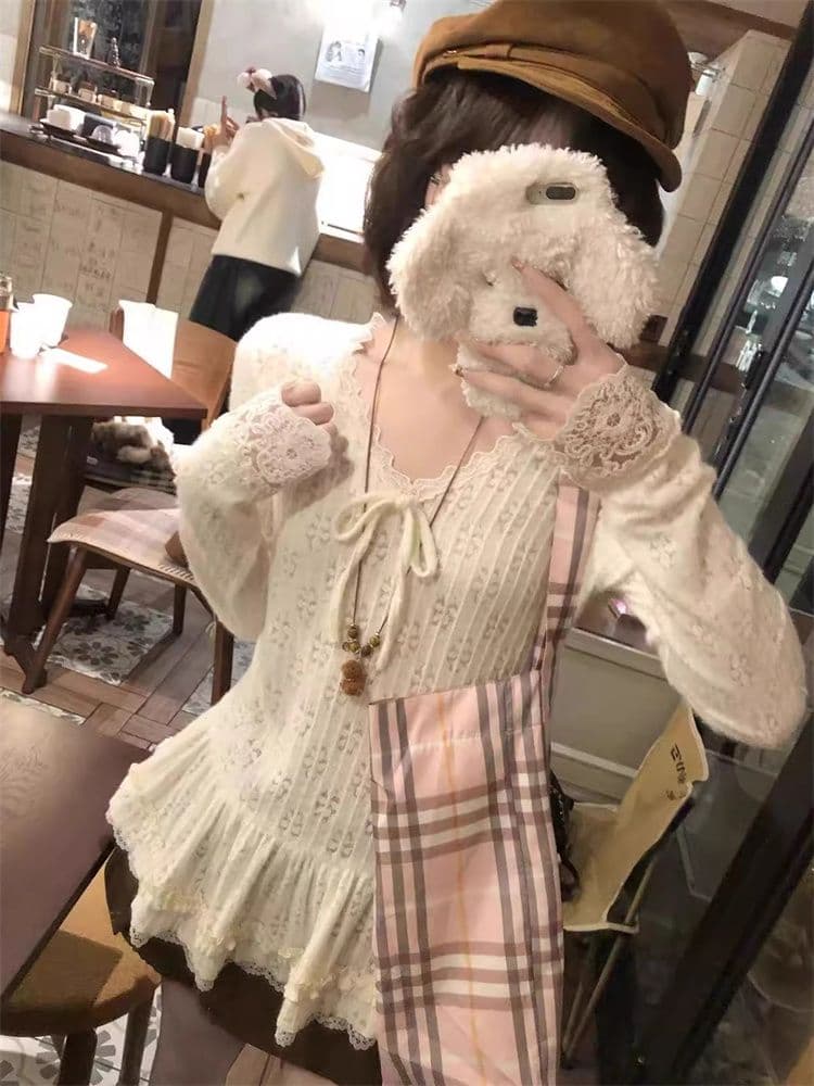 원본 자카드 부드러운 바람 레이스 V넥 치마 긴팔 맨위 여성 가을 겨울 나비 매듭 chic 인사이드 가져 가라. 기본 셔츠 상세 이미지 5