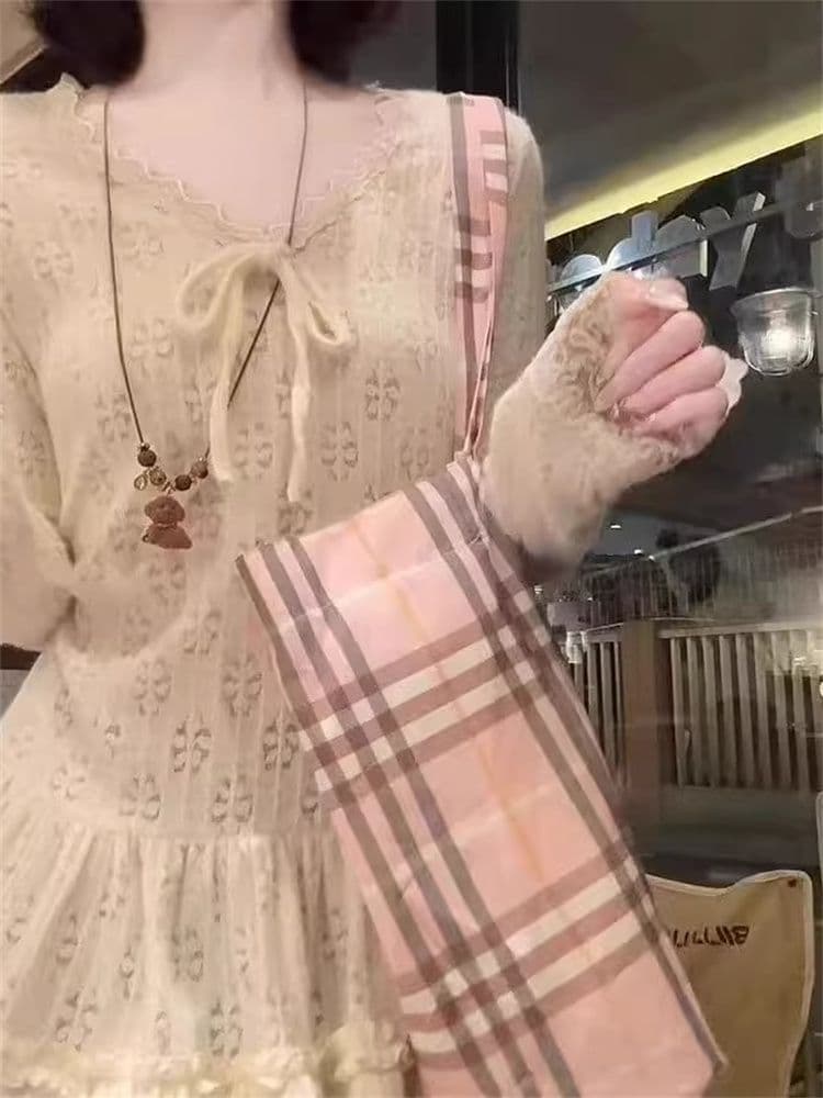 원본 자카드 부드러운 바람 레이스 V넥 치마 긴팔 맨위 여성 가을 겨울 나비 매듭 chic 인사이드 가져 가라. 기본 셔츠 상세 이미지 7
