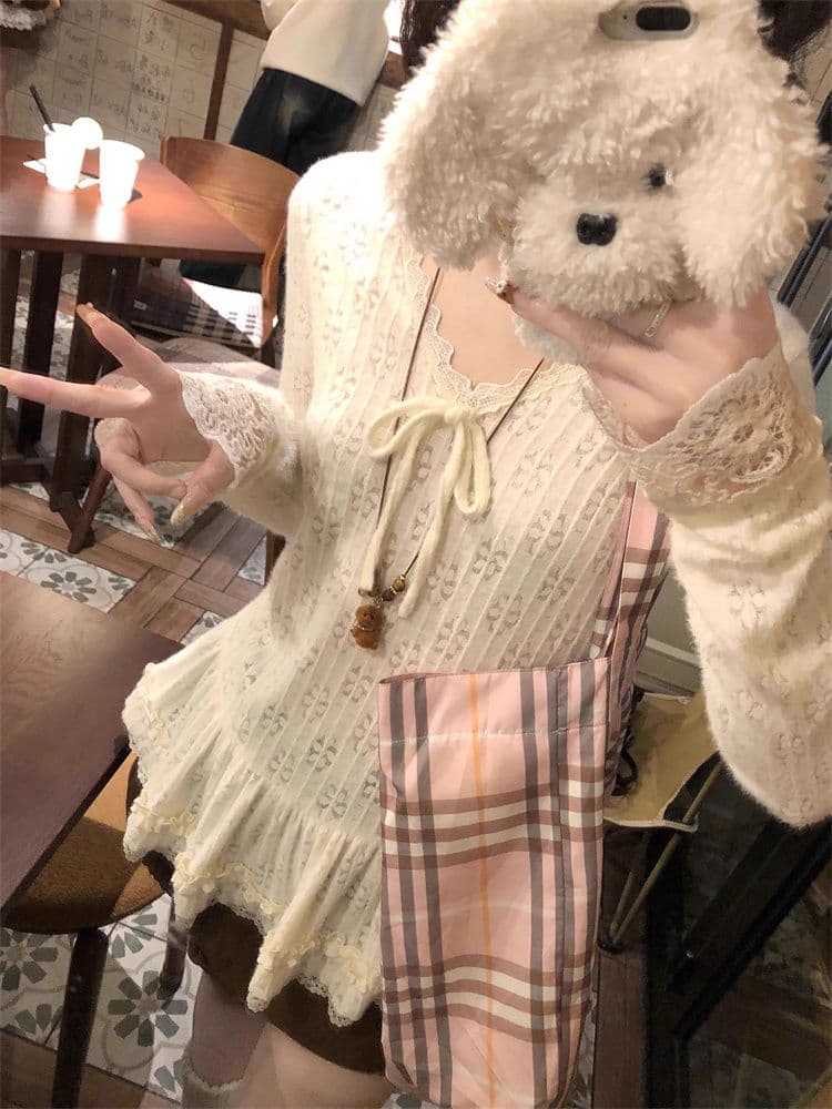 원본 자카드 부드러운 바람 레이스 V넥 치마 긴팔 맨위 여성 가을 겨울 나비 매듭 chic 인사이드 가져 가라. 기본 셔츠 상세 이미지 10