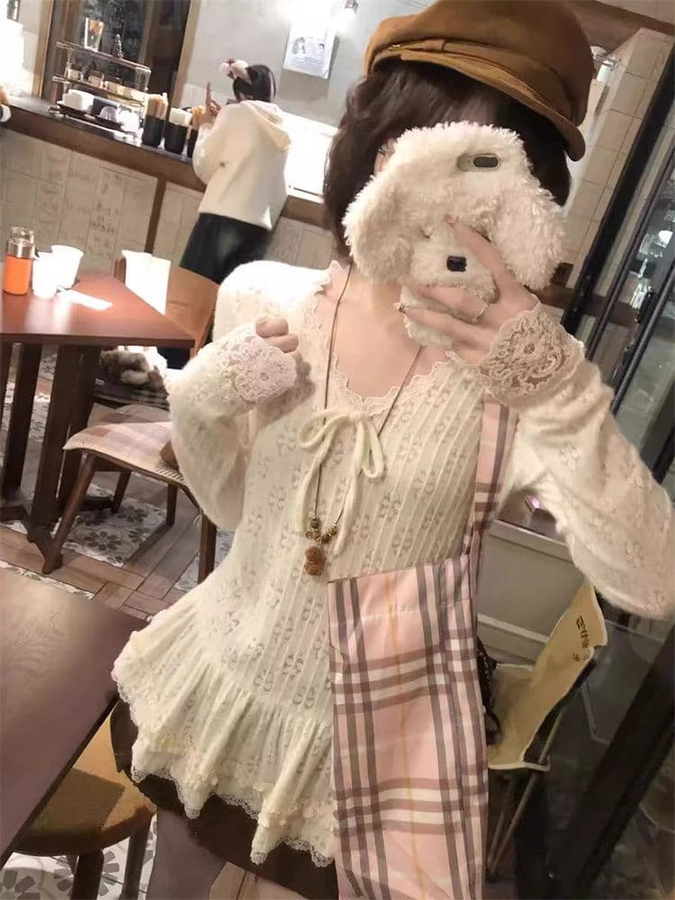 원본 자카드 부드러운 바람 레이스 V넥 치마 긴팔 맨위 여성 가을 겨울 나비 매듭 chic 인사이드 가져 가라. 기본 셔츠 상세 이미지 11