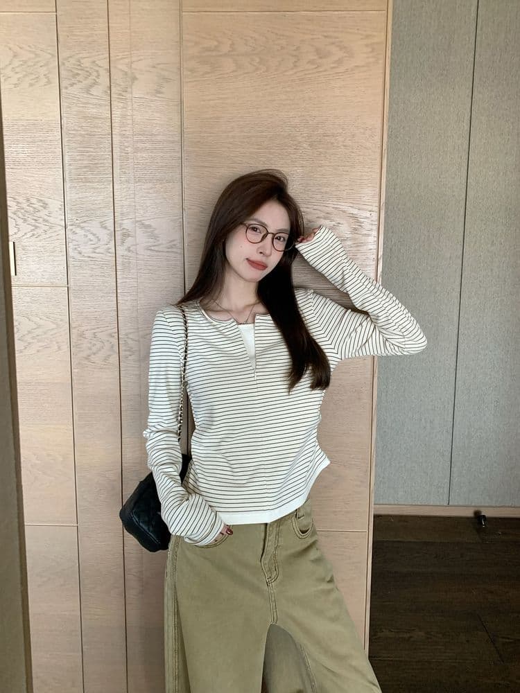 원본 원단 한 부서 페이크 레이어드 스트라이프 긴팔 티셔츠 여성 조기 봄 가을 새로운 인사이드 가져 가라. 만나는 쇼트 스타일 맨위 상세 이미지 4