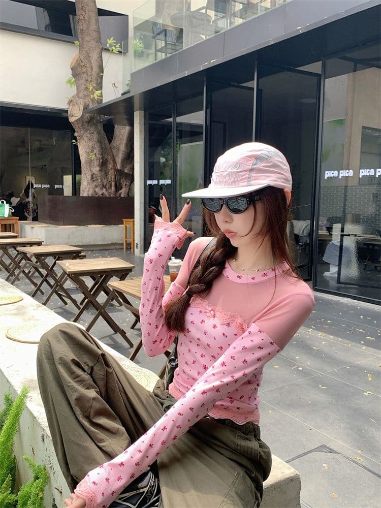 2 2 와 사고 방식 260 그램 달콤한 핫걸 레이스 조각 꽃무늬 긴팔 티셔츠 여성 봄 몸매 가꾸기 슬림해 보이는 핑크색 맨위 상세 이미지 4