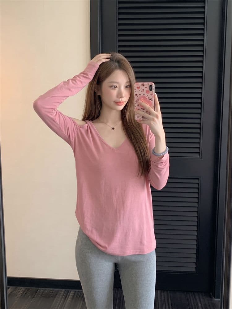 주간 실크 리브 한 부서 느긋한 바람 핑크색 오프숄더 긴팔 티셔츠 여성 여름 루즈핏 슬림해 보이는 디자인 센스 블라우스 맨위 이미지 2