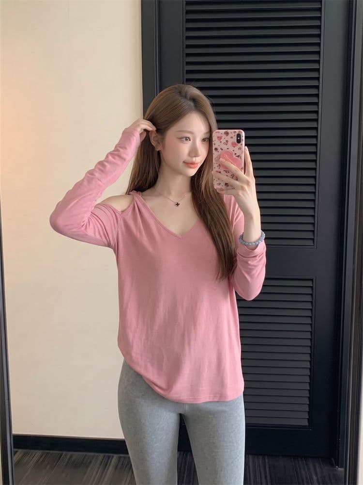 주간 실크 리브 한 부서 느긋한 바람 핑크색 오프숄더 긴팔 티셔츠 여성 여름 루즈핏 슬림해 보이는 디자인 센스 블라우스 맨위 이미지 3