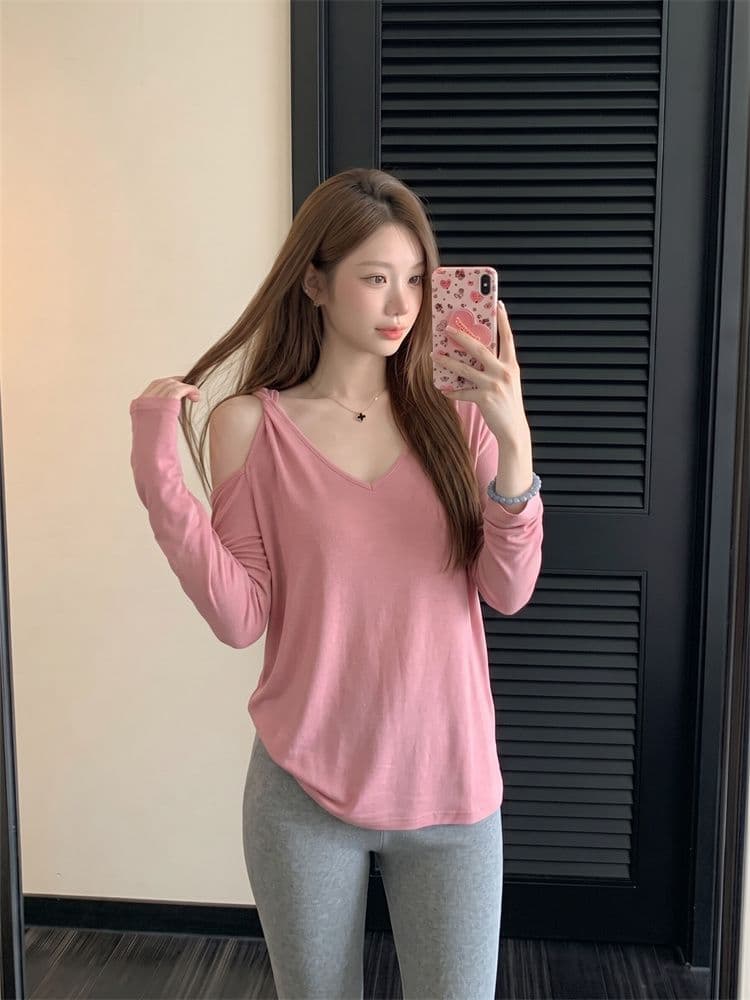 주간 실크 리브 한 부서 느긋한 바람 핑크색 오프숄더 긴팔 티셔츠 여성 여름 루즈핏 슬림해 보이는 디자인 센스 블라우스 맨위 상세 이미지 2