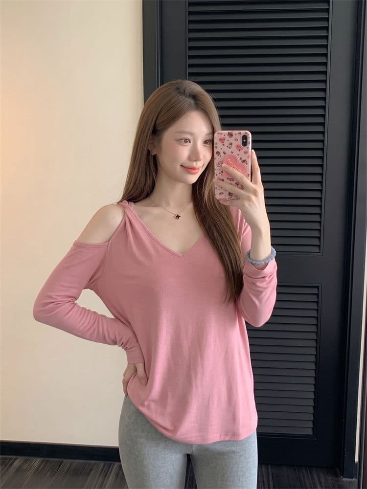 주간 실크 리브 한 부서 느긋한 바람 핑크색 오프숄더 긴팔 티셔츠 여성 여름 루즈핏 슬림해 보이는 디자인 센스 블라우스 맨위 상세 이미지 6