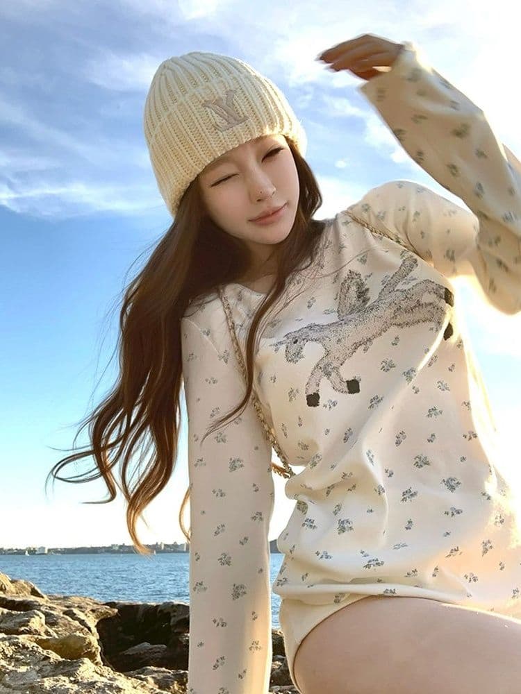 1 1 라이 우아한 260 그램 캡처 꿈 유니콘 전체 인쇄 작은 꽃무늬 여성 봄 가을 캐주얼 라운드 넥 긴팔 티셔츠 맨위 상세 이미지 4
