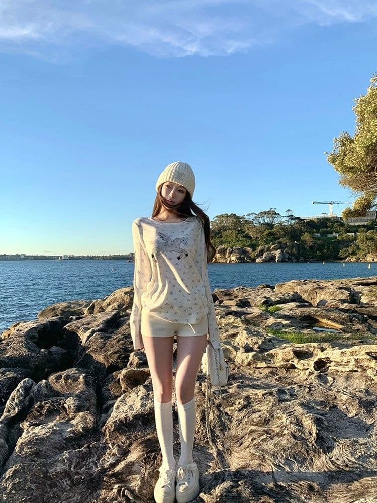 1 1 라이 우아한 260 그램 캡처 꿈 유니콘 전체 인쇄 작은 꽃무늬 여성 봄 가을 캐주얼 라운드 넥 긴팔 티셔츠 맨위 상세 이미지 5