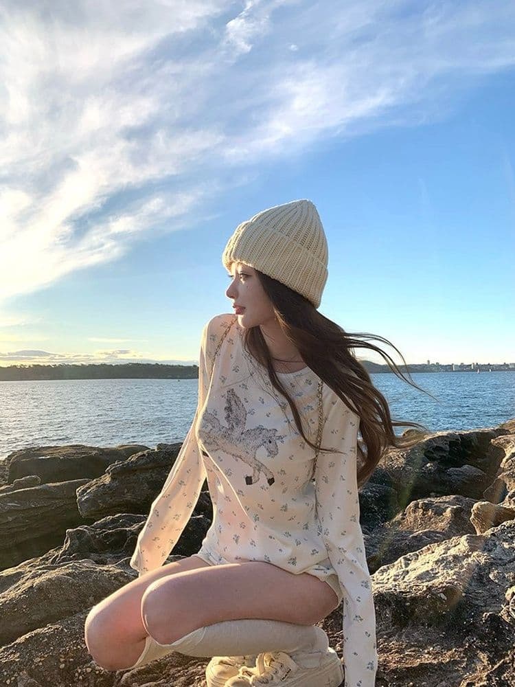 1 1 라이 우아한 260 그램 캡처 꿈 유니콘 전체 인쇄 작은 꽃무늬 여성 봄 가을 캐주얼 라운드 넥 긴팔 티셔츠 맨위 상세 이미지 10