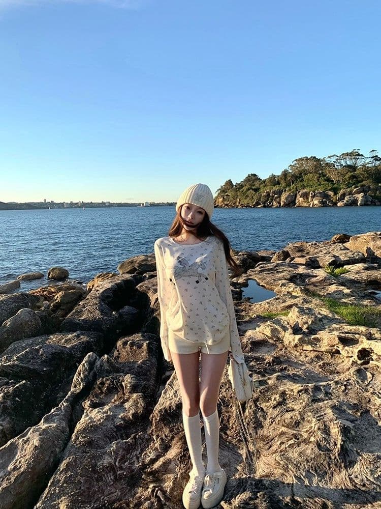 1 1 라이 우아한 260 그램 캡처 꿈 유니콘 전체 인쇄 작은 꽃무늬 여성 봄 가을 캐주얼 라운드 넥 긴팔 티셔츠 맨위 상세 이미지 13