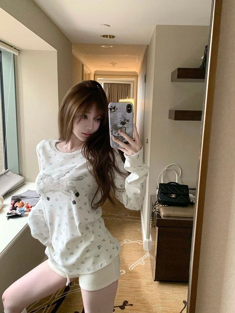 1 1 라이 우아한 260 그램 캡처 꿈 유니콘 전체 인쇄 작은 꽃무늬 여성 봄 가을 캐주얼 라운드 넥 긴팔 티셔츠 맨위 상세 이미지 15