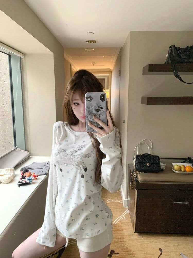 1 1 라이 우아한 260 그램 캡처 꿈 유니콘 전체 인쇄 작은 꽃무늬 여성 봄 가을 캐주얼 라운드 넥 긴팔 티셔츠 맨위 상세 이미지 16