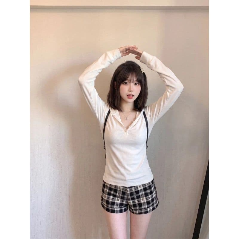 기초 다용도 후드 긴팔 티셔츠 여성 이른 가을 새로운 한국 스타일 미니멀리즘 바람 캐주얼 허리 수축 슬림해 보이는 품격 맨위 이미지 2