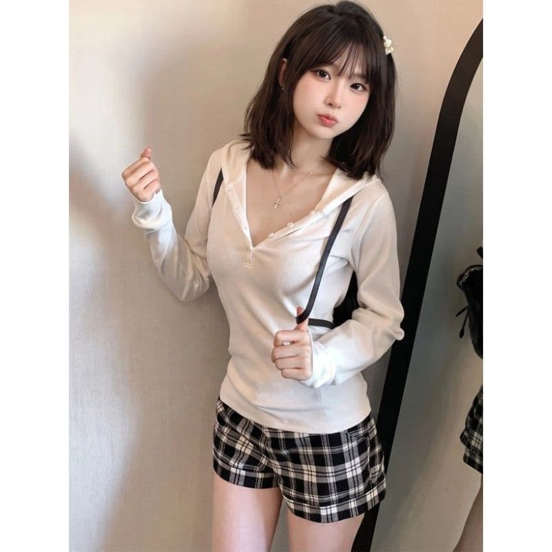 기초 다용도 후드 긴팔 티셔츠 여성 이른 가을 새로운 한국 스타일 미니멀리즘 바람 캐주얼 허리 수축 슬림해 보이는 품격 맨위