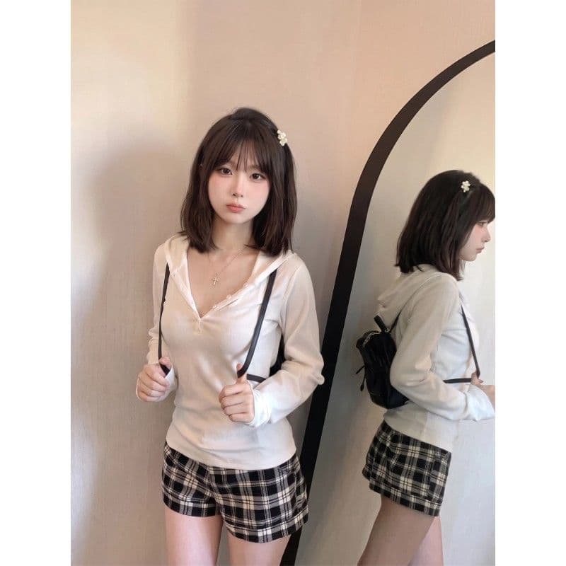 기초 다용도 후드 긴팔 티셔츠 여성 이른 가을 새로운 한국 스타일 미니멀리즘 바람 캐주얼 허리 수축 슬림해 보이는 품격 맨위 이미지 5