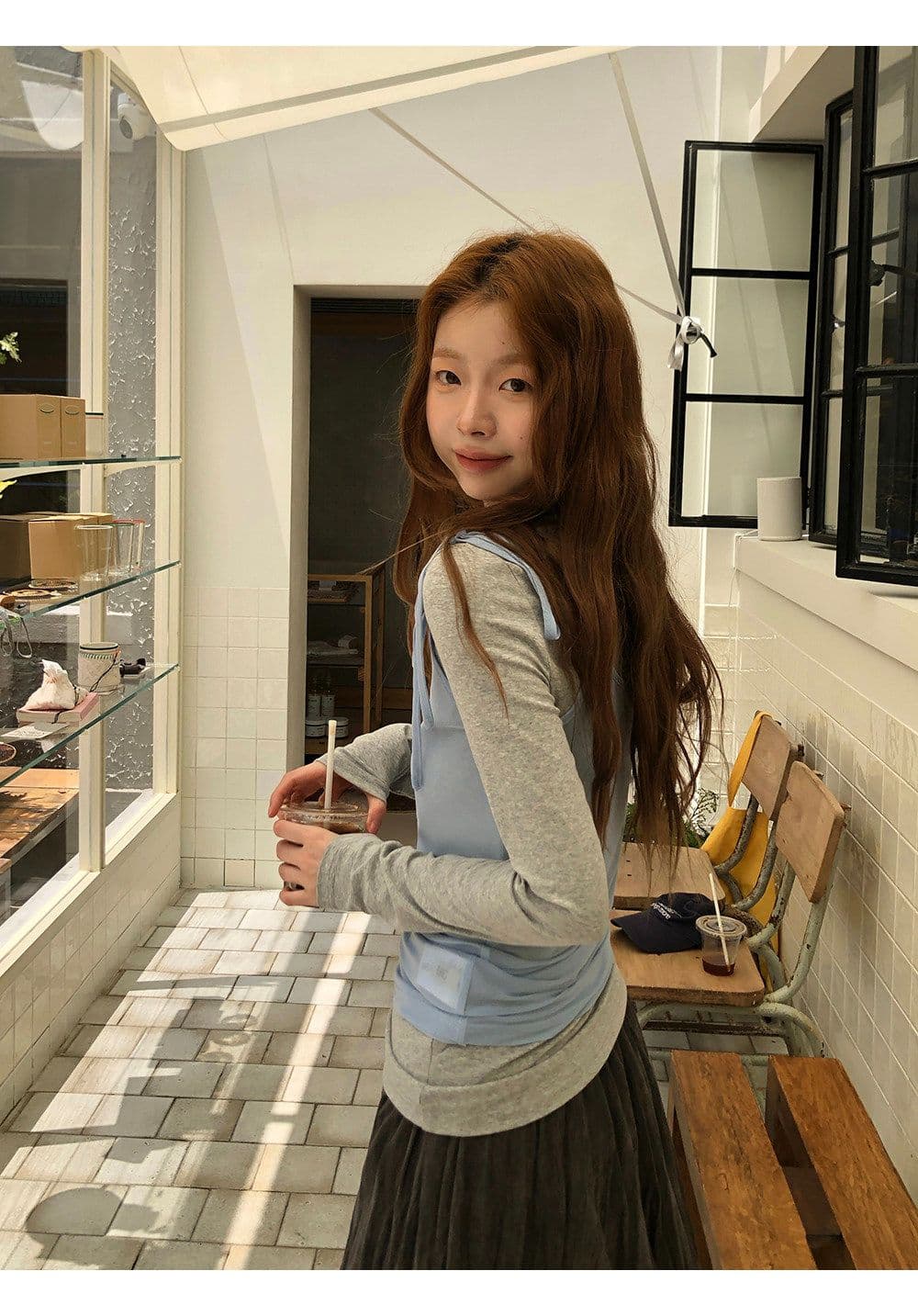 레드 맨 내부에 가져 가라. 기본 셔츠 여성 가을 2026 새로운 긴팔 티셔츠 한 부서 착용 가져 가라. 회색 맨위 투피스 세트 상세 이미지 13