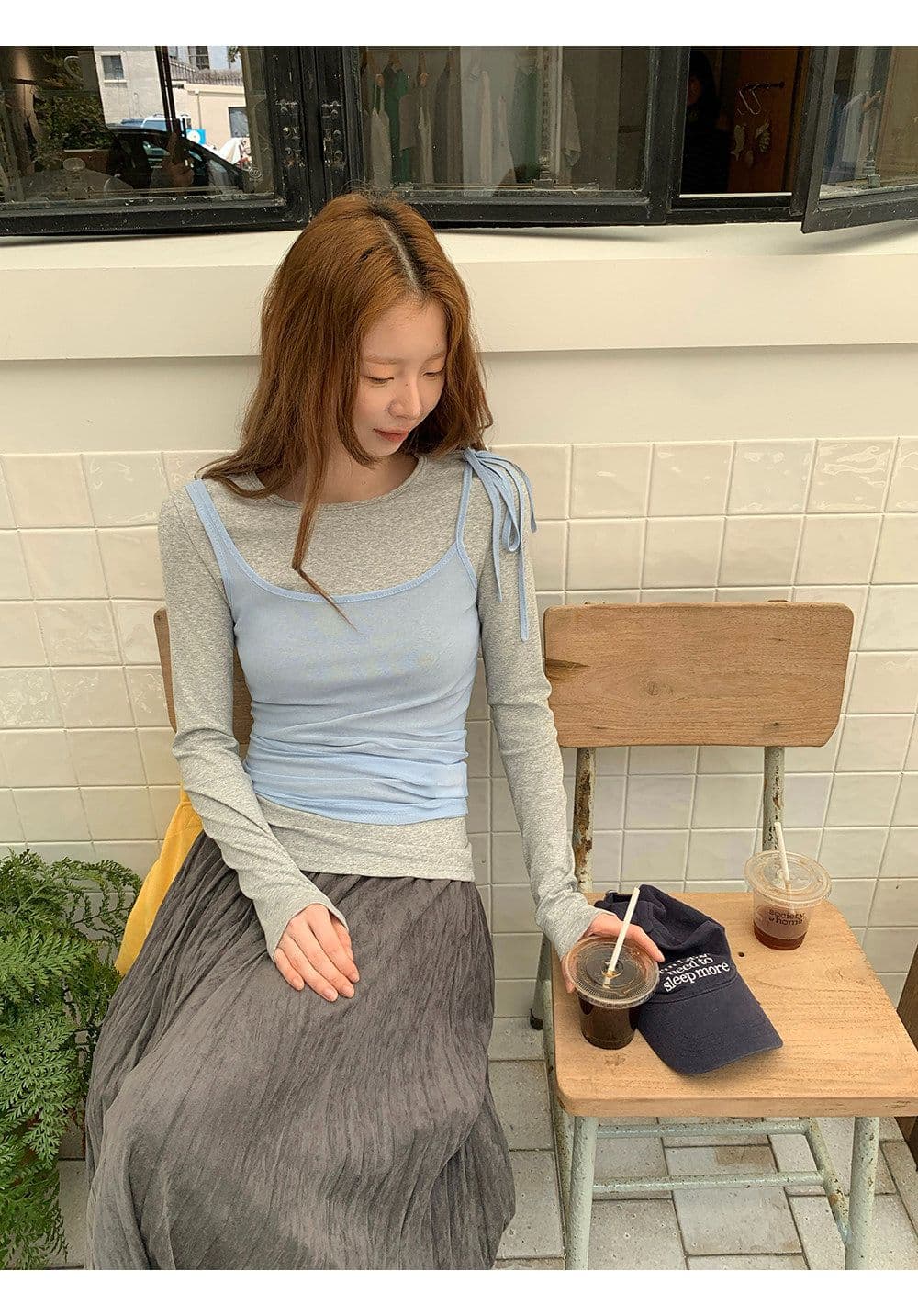 레드 맨 내부에 가져 가라. 기본 셔츠 여성 가을 2026 새로운 긴팔 티셔츠 한 부서 착용 가져 가라. 회색 맨위 투피스 세트 상세 이미지 17