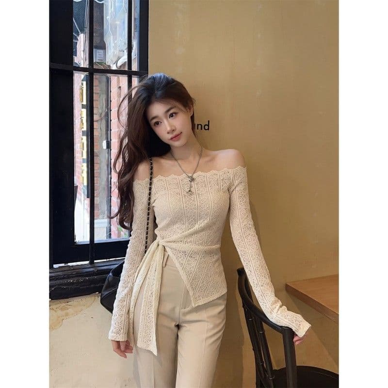 kumikumi 디자인 센스 오프숄더 스트랩 긴팔 티셔츠 여성 2026 년 가을 몸매 가꾸기 다용도 만나는 맨위 이미지 4