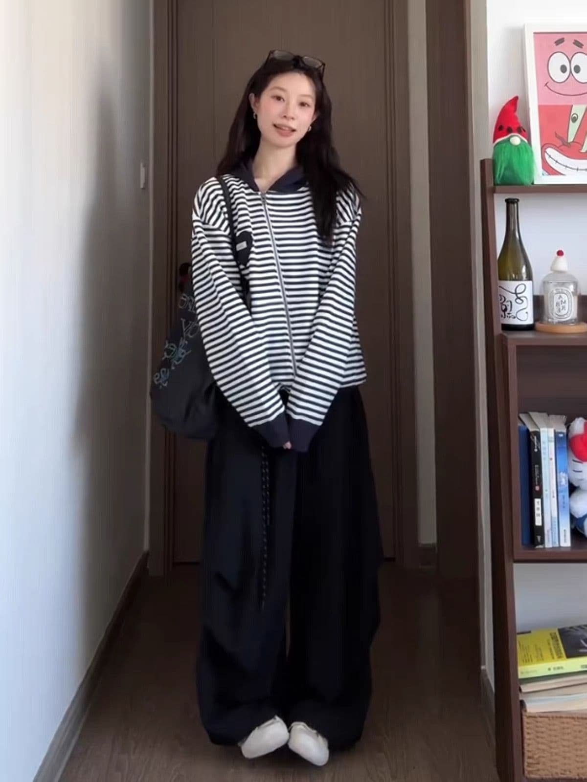 얇은 스타일 백금 지퍼 이후 패키지 칼라 6535 후아 남편 그리드 복합 후드티 여성 상세 이미지 3