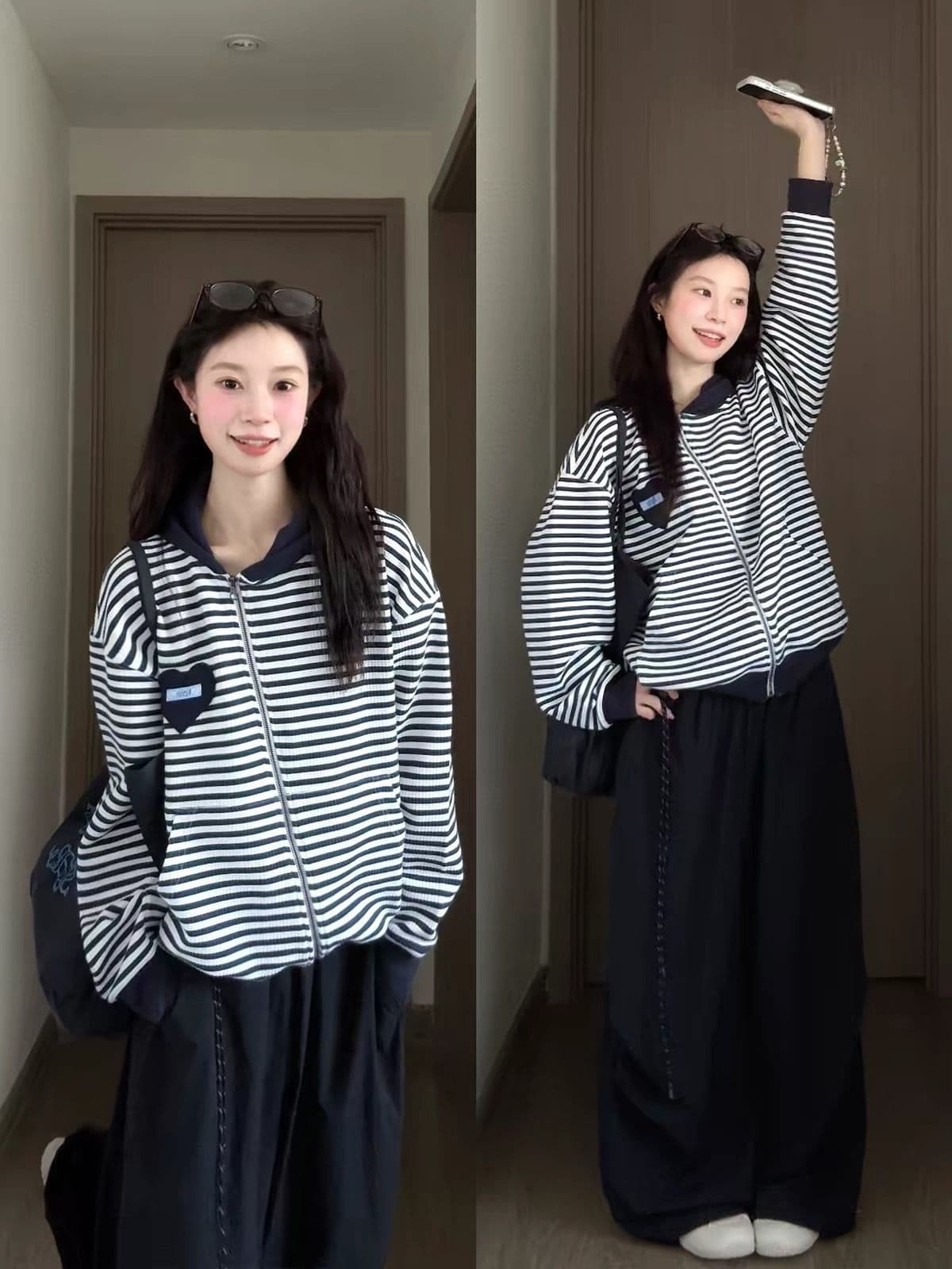 얇은 스타일 백금 지퍼 이후 패키지 칼라 6535 후아 남편 그리드 복합 후드티 여성 상세 이미지 4