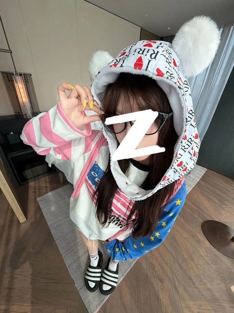 220g 순면 이후 테두리 소매 더블 프린트 배색 패치워크 루즈핏 긴팔 티셔츠 여성 상세 이미지 4