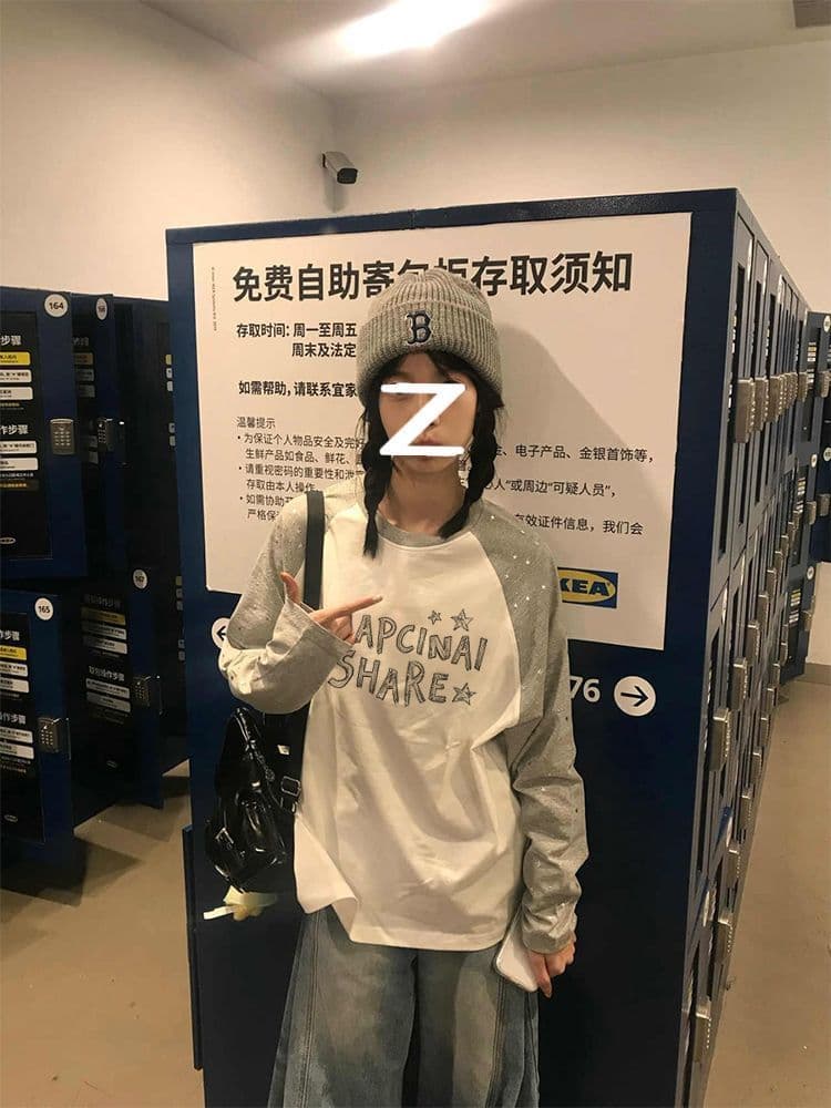 220g 순면 이후 패키지 소매 뜨거운 금 분말 프린트 패치워크 루즈핏 긴팔 티셔츠 여성 상세 이미지 6