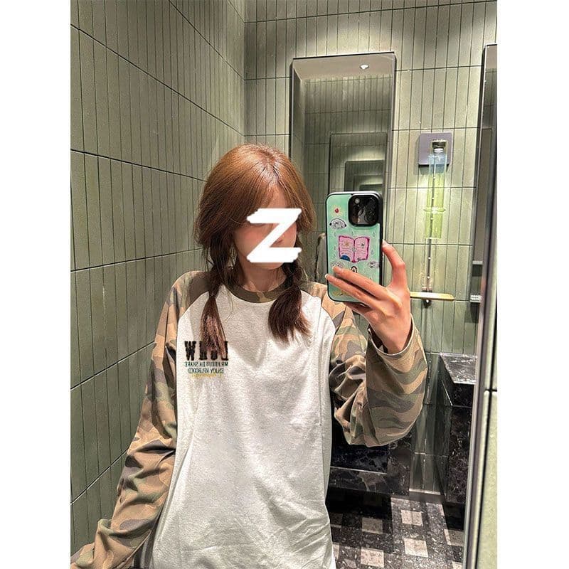 220 그램 순면 이후 패키지 알파벳 자수 카모플라주 배색 패치워크 루즈핏 긴팔 티셔츠 여성 이미지 2