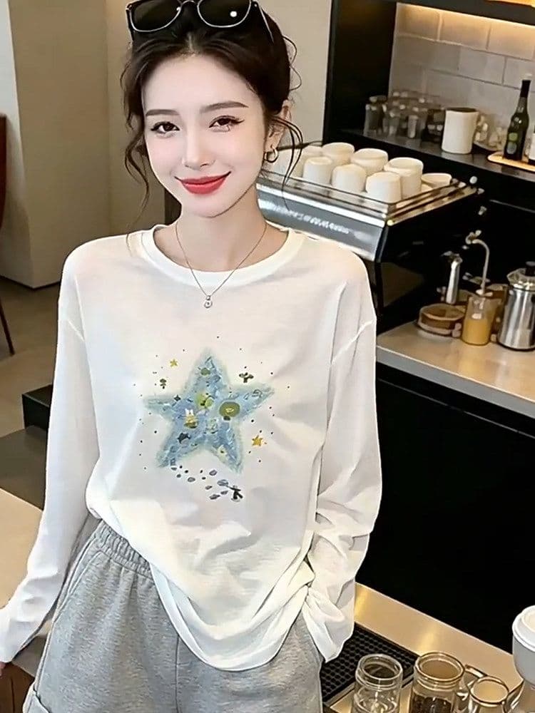 2026 가을 새로운 패션 디자인 센스 느슨함 센스 얇은 스타일 루즈핏 통기성 블라우스 긴팔 티셔츠 여성 의류 맨위 상세 이미지 3
