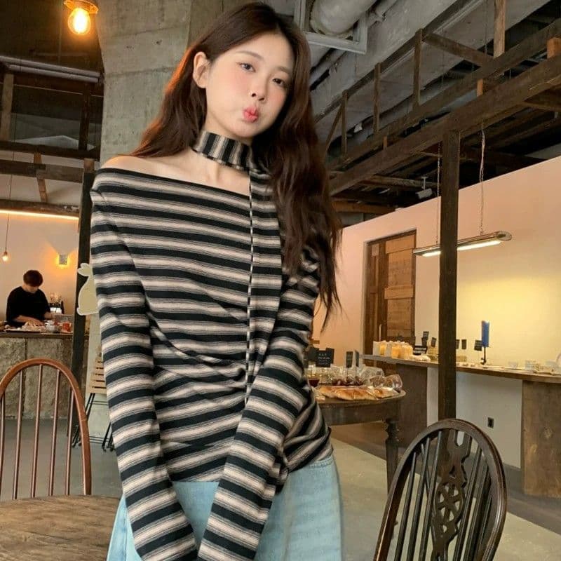 한 부서 레트로 스트라이프 오프숄더 리본 긴팔 티셔츠 여성 새로운 외국 가스 핫걸 몸매 가꾸기 허리 수축 맨위