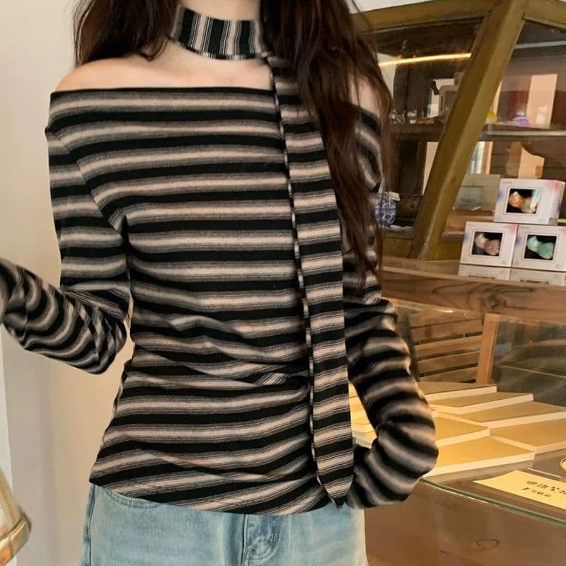 한 부서 레트로 스트라이프 오프숄더 리본 긴팔 티셔츠 여성 새로운 외국 가스 핫걸 몸매 가꾸기 허리 수축 맨위 상세 이미지 1