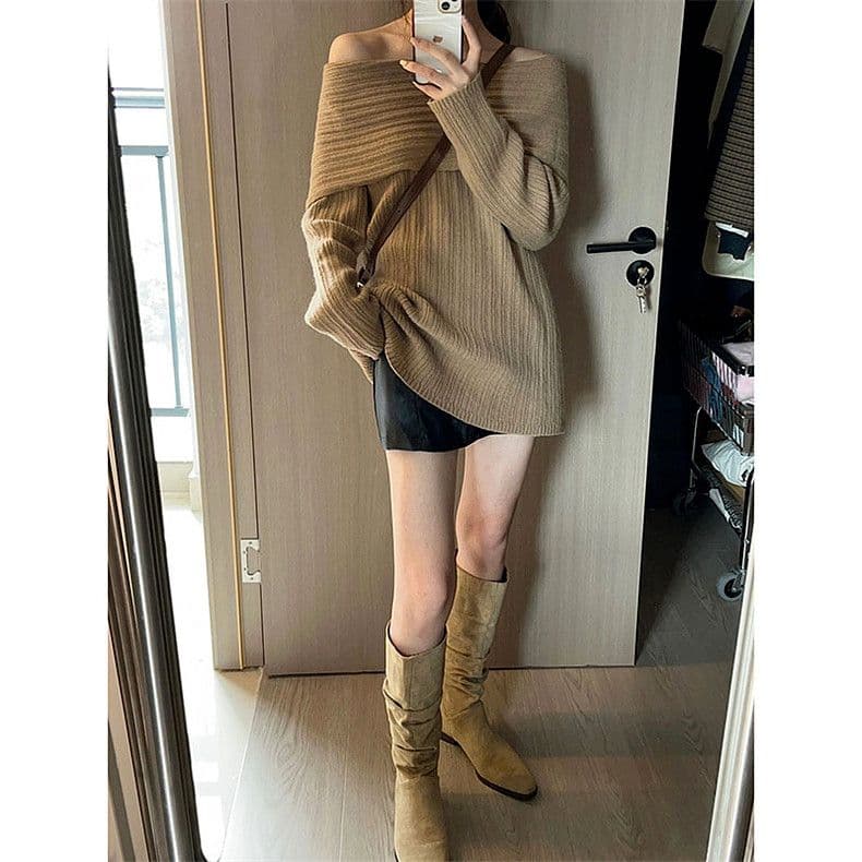 자이언트 잘 생긴 카키 색 오프숄더 스웨터 여자 새로운 느긋한 바람 고급 센스 오프숄더 니트 가을 겨울 맨위 상세 이미지 4
