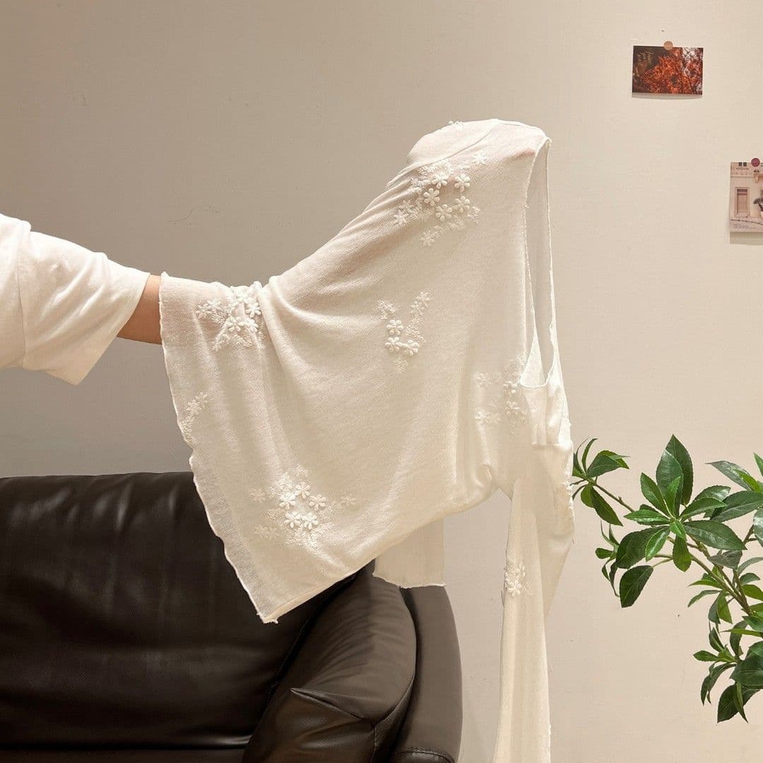 망사 자수 이른 가을 무거운 작업 자수 긴팔 얇은 스타일 티셔츠 캐주얼 프릴 맨위 블라우스 이미지 4