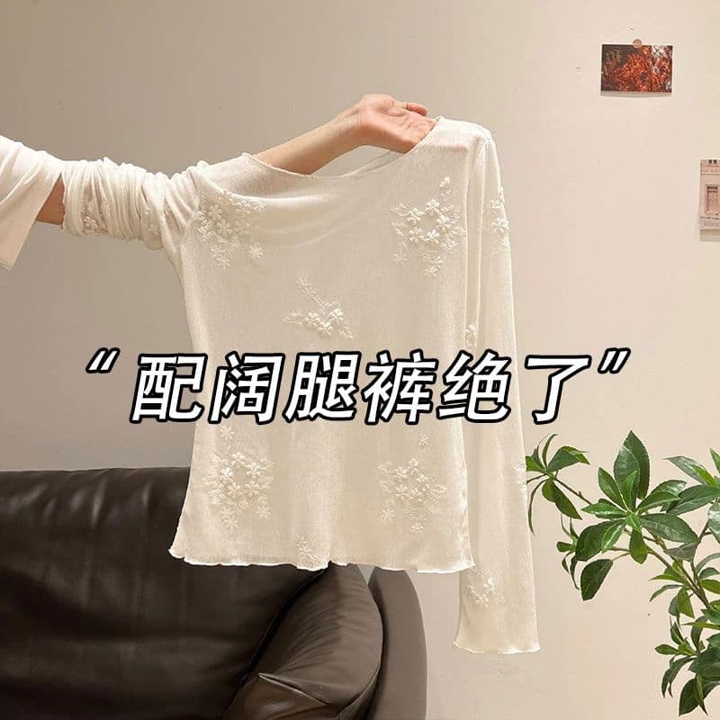 망사 자수 이른 가을 무거운 작업 자수 긴팔 얇은 스타일 티셔츠 캐주얼 프릴 맨위 블라우스 상세 이미지 2