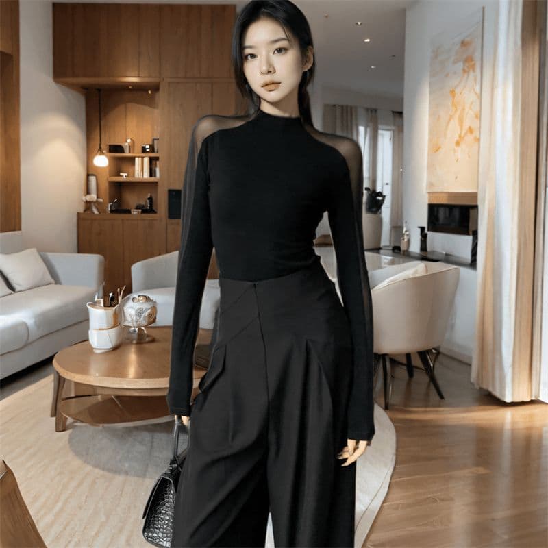 망사 패치워크 긴팔 마이크로 ~을 통해 의류 여성 봄 가을 몸매 가꾸기 티셔츠 올해 인기 폭발 작은 셔츠 트렌디 이미지 2