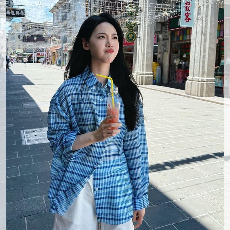 디자인 센스 프랑스식 작은 대중 고유 한 긴팔 맨위 파란색 스트라이프 여성 셔츠 봄 가을 작은 셔츠