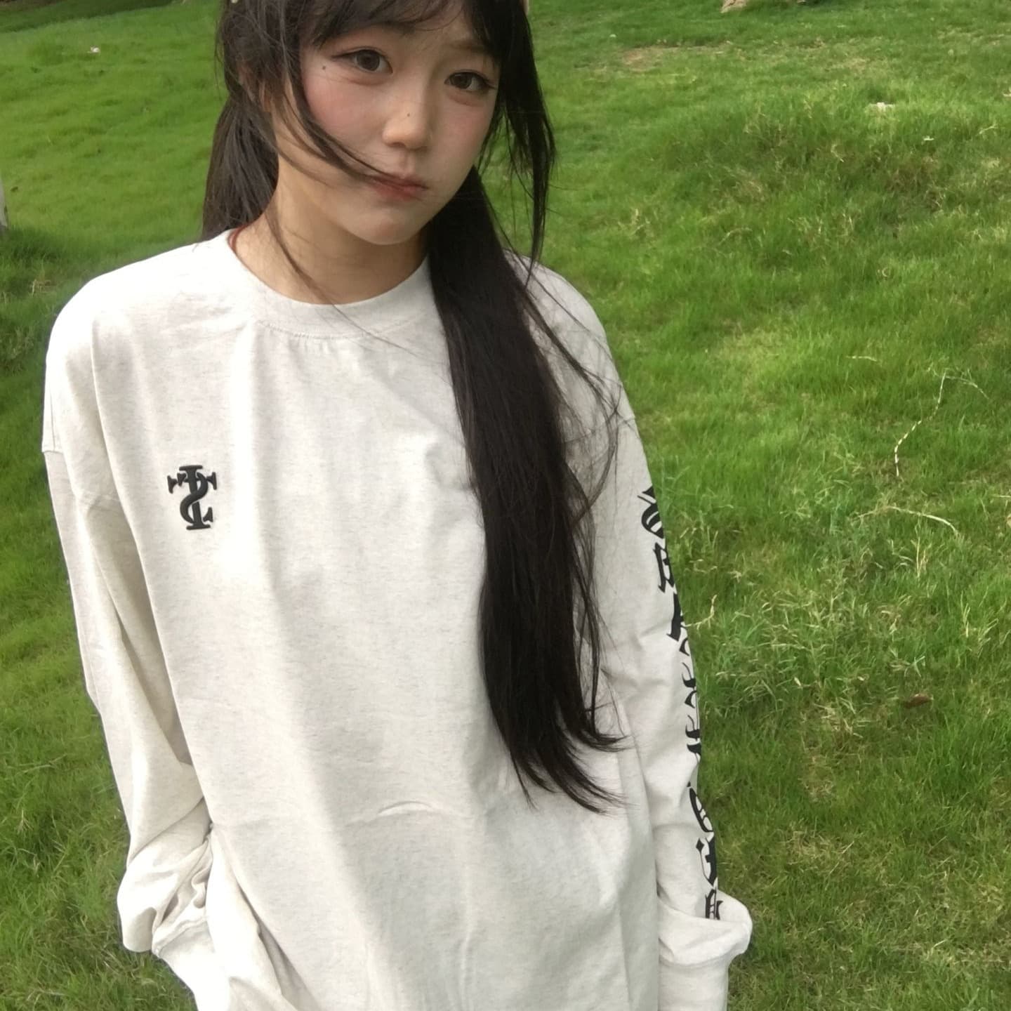 원본 솜씨 3 차원 자수 3 차원 프린트 19 지점 220 그램 순면 긴팔 티셔츠 여성 이미지 4