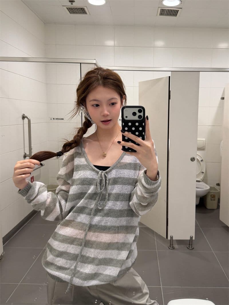 원본 솜씨 펌프 로프 스트라이프 해마 털 니트 하프 ~을 통해 대 칼라 스트라이프 블라우스 여성 이미지 3